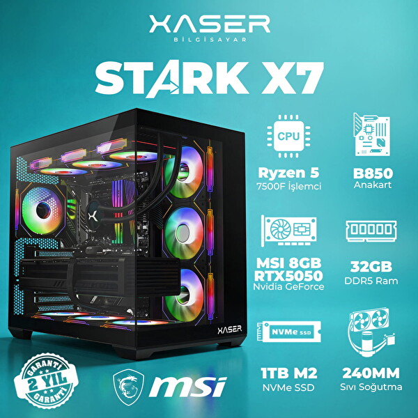 Xaser STARK X7 Ryzen 5 7500F 32GB RAM 1TB M.2 NVMe SSD 8GB RTX5050 Sıvı Soğutmalı Oyuncu Bilgisayarı