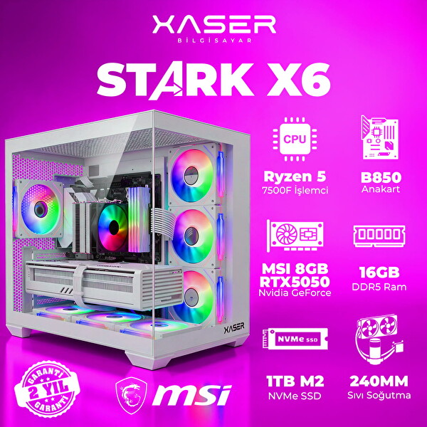 Xaser STARK X6 Ryzen 5 7500F 16GB RAM 1TB M.2 NVMe SSD 8GB RTX5050 Sıvı Soğutmalı Oyuncu Bilgisayarı