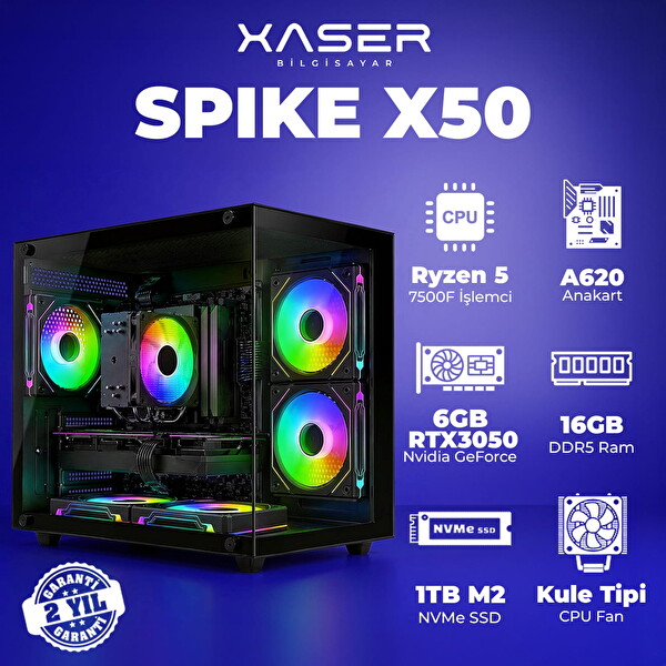 Xaser Spike X50 Ryzen 5 7500F 16GB DDR5 RAM 1TB M.2 NVMe SSD 6GB RTX3050 Masaüstü Oyuncu Bilgisayarı