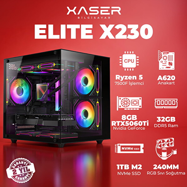 Xaser Elite X230 Ryzen 5 7500F 32GB DDR5 RAM 1TB M.2 NVMe SSD 8GB RTX5060 Ti Masaüstü Oyuncu Bilgisayarı