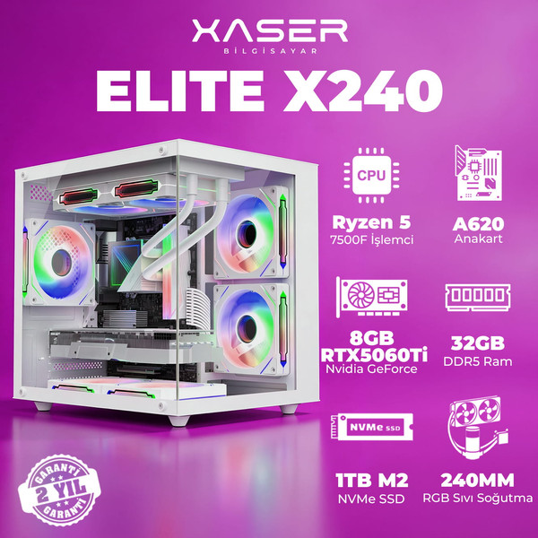 Xaser Elite X240 Ryzen 5 7500F 32GB DDR5 RAM 1TB M.2 NVMe SSD 8GB RTX5060 Ti Masaüstü Oyuncu Bilgisayarı