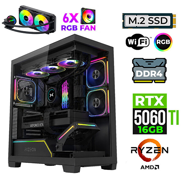 Xaser Fade X10 Ryzen 7 5700X 16 GB RAM 1 TB M.2 NVMe SSD 16GB RTX5060Ti Sıvı Soğutmalı FreeDOS Oyuncu Bilgisayarı