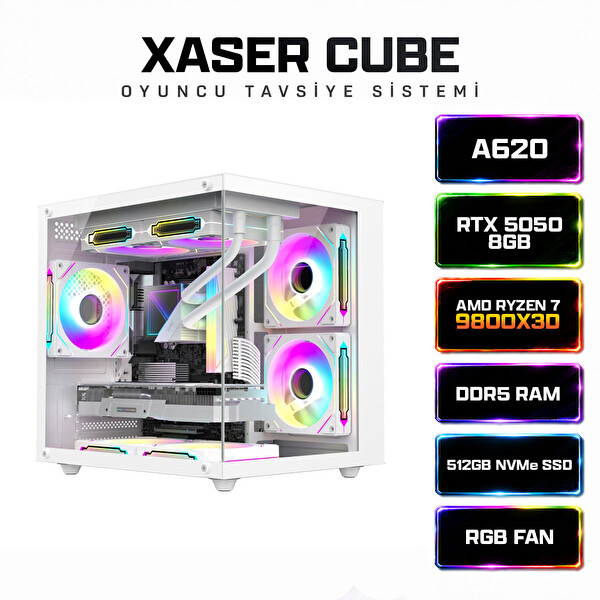 Xaser Cube X260 Ryzen 7 9800X3D 16 GB RAM 512 GB M.2 NVMe SSD 8GB RTX5050 Sıvı Soğutmalı FreeDOS Oyuncu Bilgisayarı