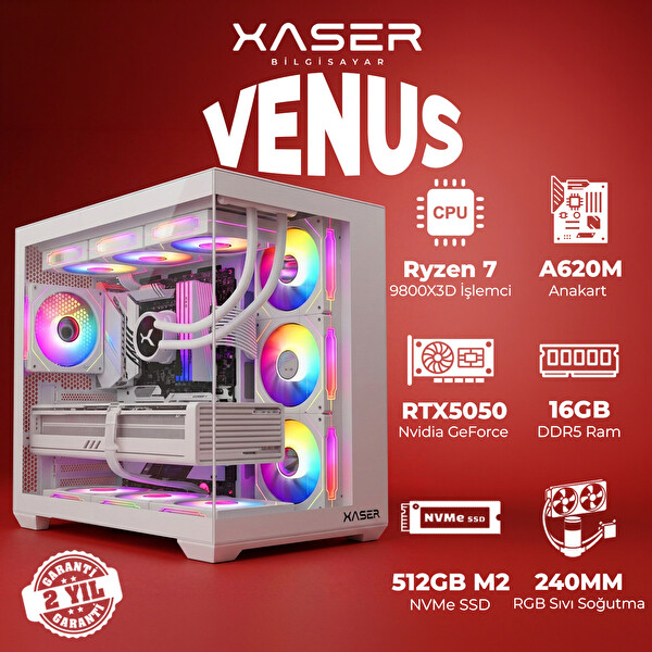 Xaser Venus X40 Ryzen 7 9800X3D 16 GB RAM 512 GB M.2 NVMe SSD 8GB RTX5050 Sıvı Soğutmalı FreeDOS Oyuncu Bilgisayarı