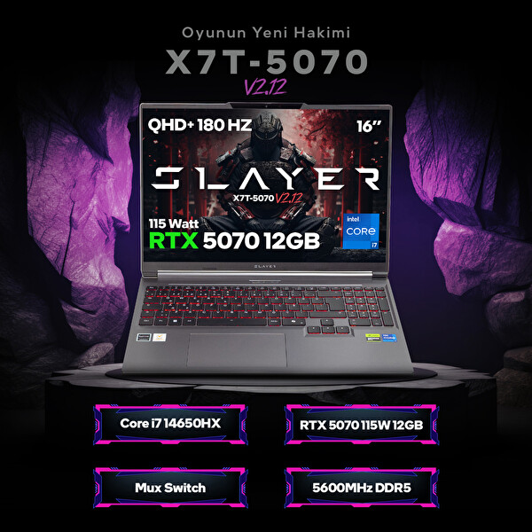 Game Garaj Slayer X7T-5070 V2.12 C2 Intel i7 14650HX 32GB RAM 1TB SSD RTX5070 16