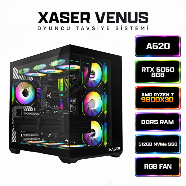 Xaser Venus X10 Ryzen 7 9800X3D 16 GB DDR5 RAM 512 GB M.2 NVMe SSD 8 GB RTX5050 Sıvı Soğutmalı FreeDOS Masaüstü Oyun Bilgisayarı