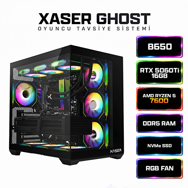 Xaser Ghost X210 Ryzen 5 7600 32 GB RAM 1TB M.2 NVMe SSD 16GB RTX5060Ti Sıvı Soğutmalı FreeDOS Oyuncu Bilgisayarı