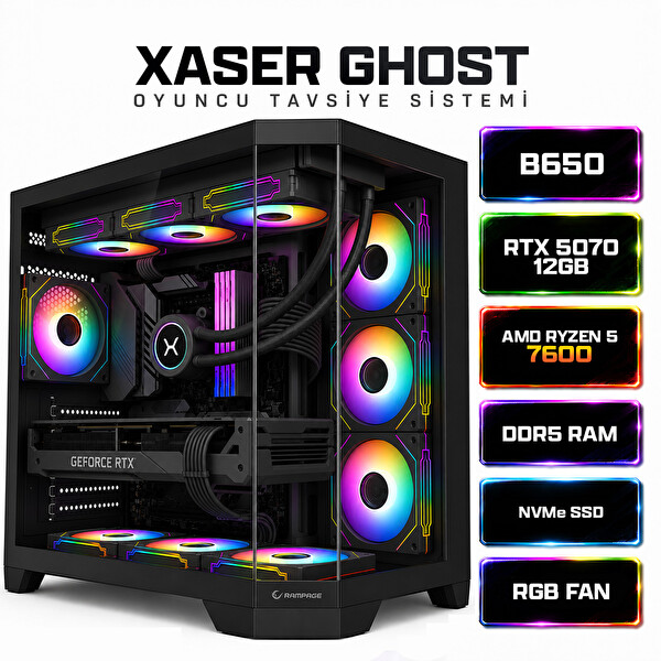 Xaser Ghost X260 Ryzen 5 7600 16 GB RAM 1 TB M.2 NVMe SSD 12GB RTX5070 Sıvı Soğutmalı FreeDOS Oyuncu Bilgisayarı