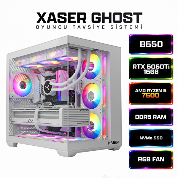 Xaser Ghost X240 Ryzen 5 7600 32GB RAM 1TB M.2 NVMe SSD 16GB RTX5060Ti Sıvı Soğutmalı FreeDOS Oyuncu Bilgisayarı