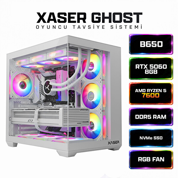 Xaser Ghost X160 Ryzen 5 7600 16 GB RAM 512GB M.2 NVMe SSD 8GB RTX5060 Sıvı Soğutmalı FreeDOS Oyuncu Bilgisayarı