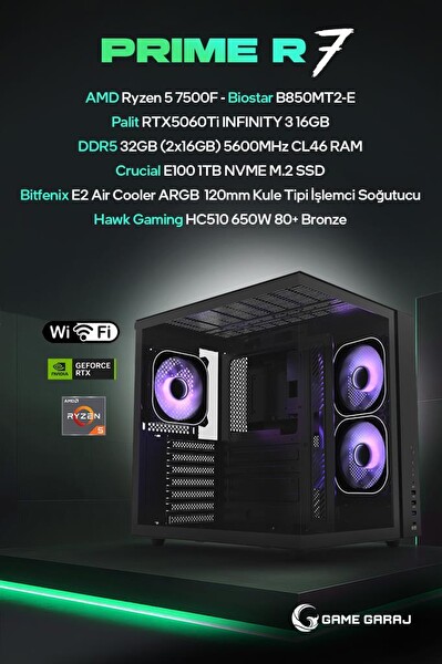 Game Garaj Prime R7 AMD R5 7500F 16GB RTX5060Ti 32GB RAM 1TB SSD FreeDOS Oyuncu OEM Paket