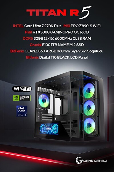 Game Garaj Titan R5 Intel U7 270K Plus RTX5080 32GB RAM 1TB SSD 360 MM Sıvı Soğutuculu FreeDOS Oyuncu OEM Paket