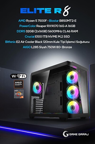 Game Garaj Elite R8 AMD R5 7500F RX9070 32GB RAM 1TB SSD FreeDOS Oyuncu OEM Paket