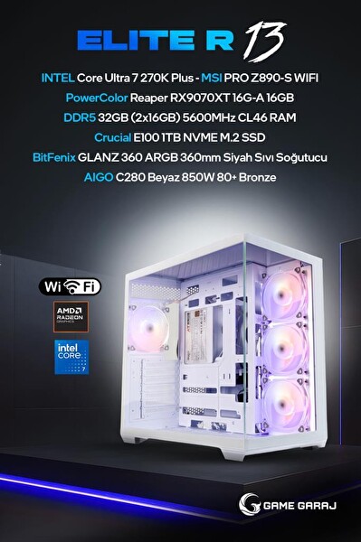 Game Garaj Elite R13 Intel U7 270K Plus RX9070XT 32GB RAM 1TB SSD 360 MM Sıvı Soğutuculu FreeDOS Oyuncu OEM Paket