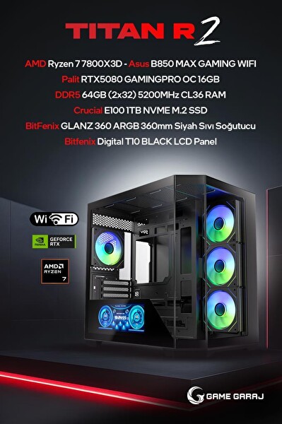 Game Garaj Titan R2 AMD R7 7800X3D RTX5080 64GB RAM 1TB SSD 360 MM Sıvı Soğutuculu FreeDOS Oyuncu OEM Paket