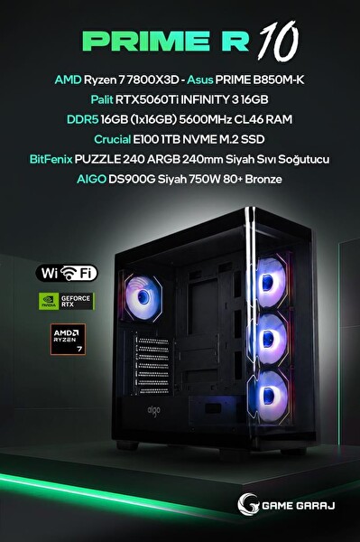 Game Garaj Prime R10 AMD R7 7800X3D 16GB RTX5060Ti 16GB RAM 1TB SSD 240 MM Sıvı Soğutuculu FreeDOS Oyuncu OEM Paket