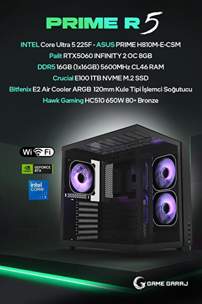 Game Garaj Prime R5 Intel U5 225F RTX5060 16GB RAM 1TB SSD FreeDOS Oyuncu OEM Paket