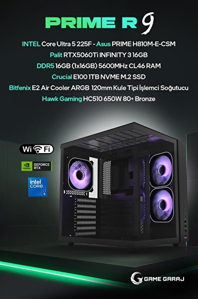 Game Garaj Prime R9 Intel U5 225F 16GB RTX5060Ti 16GB RAM 1TB SSD FreeDOS Oyuncu OEM Paket