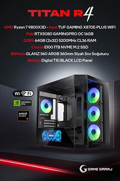 Game Garaj Titan R4 AMD R7 9800X3D RTX5080 64GB RAM 1TB SSD 360 MM Sıvı Soğutuculu FreeDOS Oyuncu OEM Paket