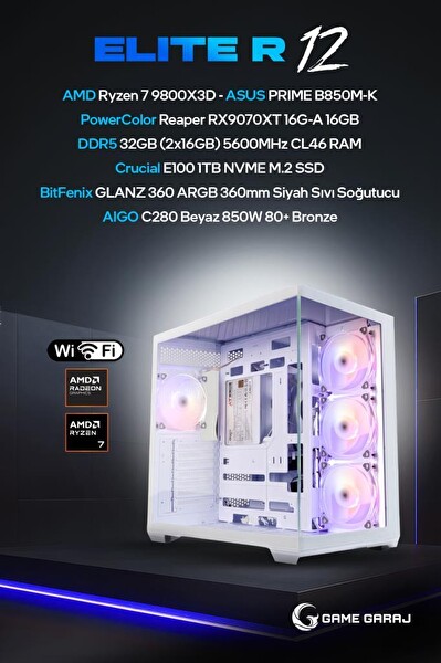 Game Garaj Elite R12 AMD R7 9800X3D RX9070XT 32GB RAM 1TB SSD 360 MM Sıvı Soğutuculu FreeDOS Oyuncu OEM Paket