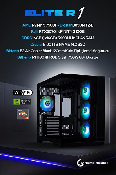Game Garaj Elite R1 AMD R5 7500F RTX5070 16GB RAM 1TB SSD FreeDOS Oyuncu OEM Paket