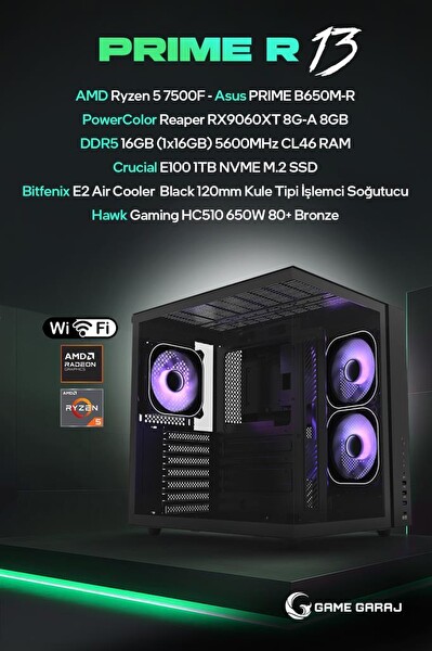 Game Garaj Prime R13 AMD R5 7500F 8GB RX9060XT 16GB RAM 1TB SSD FreeDOS Oyuncu OEM Paket