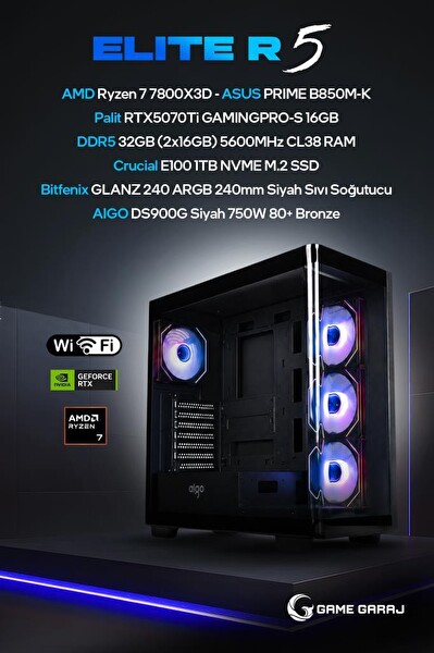 Game Garaj Elite R5 AMD R7 7800X3D RTX5070Ti 32GB RAM 1TB SSD 240 MM Sıvı Soğutuculu FreeDOS Oyuncu OEM Paket