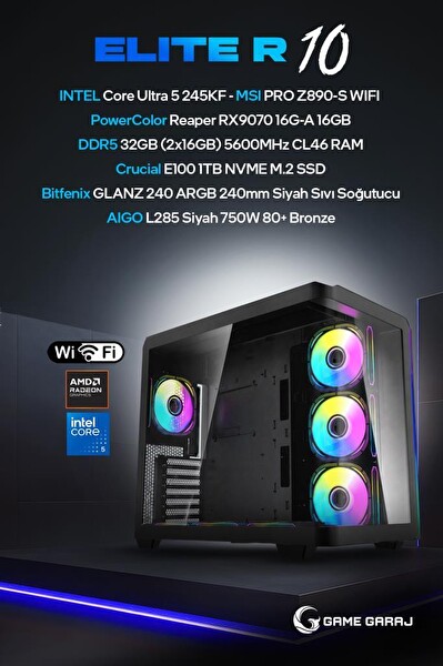 Game Garaj Elite R10 Intel U5 245KF RX9070 32GB RAM 1TB SSD 240 MM Sıvı Soğutuculu FreeDOS Oyuncu OEM Paket