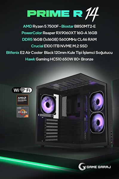 Game Garaj Prime R14 AMD R5 7500F 16GB RX9060XT 16GB RAM 1TB SSD FreeDOS Oyuncu OEM Paket