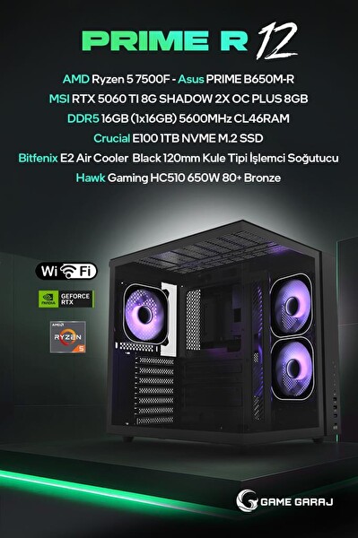 Game Garaj Prime R12 AMD R5 7500F 8GB RTX5060Ti 16GB RAM 1TB SSD FreeDOS Oyuncu OEM Paket