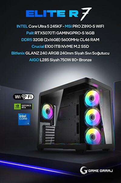 Game Garaj Elite R7 Intel U5 245KF RTX5070Ti 32GB RAM 1TB SSD 240 MM Sıvı Soğutuculu FreeDOS Oyuncu OEM Paket