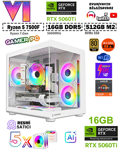 Zeiron Mohawk White Amd Ryzen 5 7500F-MSI A620M-B-GEFORCE RTX 5060Ti 16GB X2 ICE-512GB M.2-16GB DDR5 Beyaz-Oem Oyuncu Paket