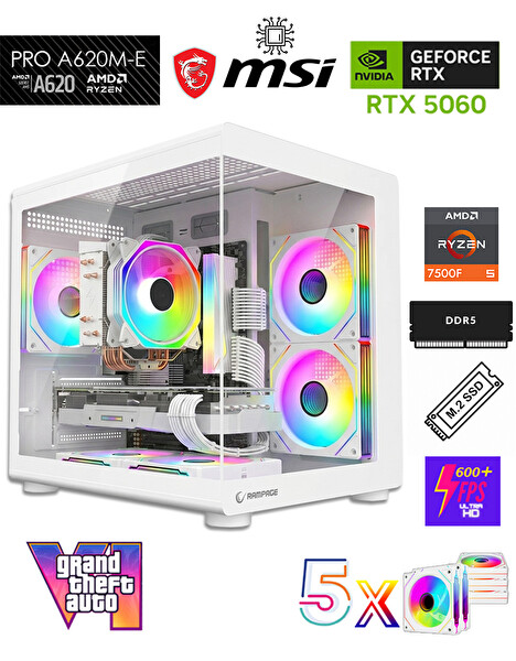 Zeiron Mini X32 AMD Ryzen 5 7500F-MSI A620M-B- Geforce Rtx 5060 X2 Ice-1TB M.2-16GB DDR5 Beyaz-Oem Oyuncu Paket