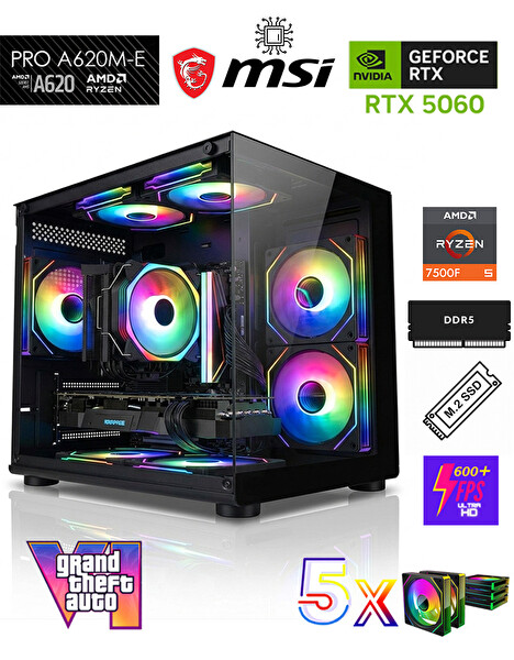 Zeiron GTA-VI Mini AMD Ryzen 5 7500F-MSI A620M-B Geforce RTX 5060 X2 ICE-512GB M.2-16GB DDR5 Siyah-Oem Oyuncu Paket