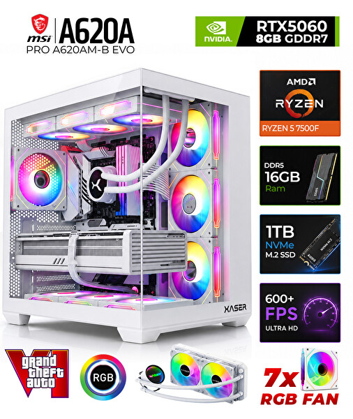 Xaser Shiny X60 Ryzen 5 7500F 16 GB DDR5 RAM 1 TB M.2 NVMe SSD 8 GB RTX5060 FreeDOS Masaüstü Oyun Bilgisayarı