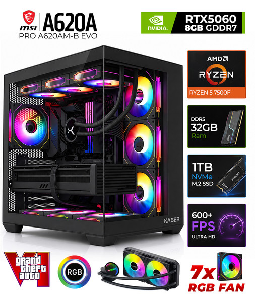 Xaser Shiny X70 Ryzen 5 7500F 32 GB DDR5 RAM 1 TB M.2 NVMe SSD 8 GB RTX5060 FreeDOS Masaüstü Oyun Bilgisayarı