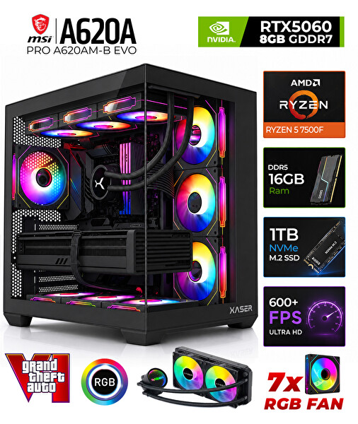 Xaser Shiny X50 Ryzen 5 7500F 16 GB DDR5 RAM 1 TB M.2 NVMe SSD 8 GB RTX5060 FreeDOS Masaüstü Oyun Bilgisayarı