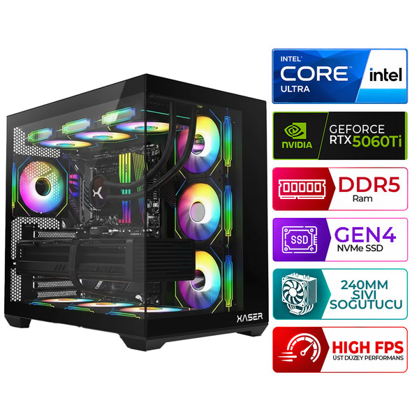 Xaser Kratos X130 Intel Ultra 5 225F 16 GB DDR5 RAM 512 GB M.2 NVMe SSD 16 GB RTX5060Ti FreeDOS Masaüstü Oyun Bilgisayarı
