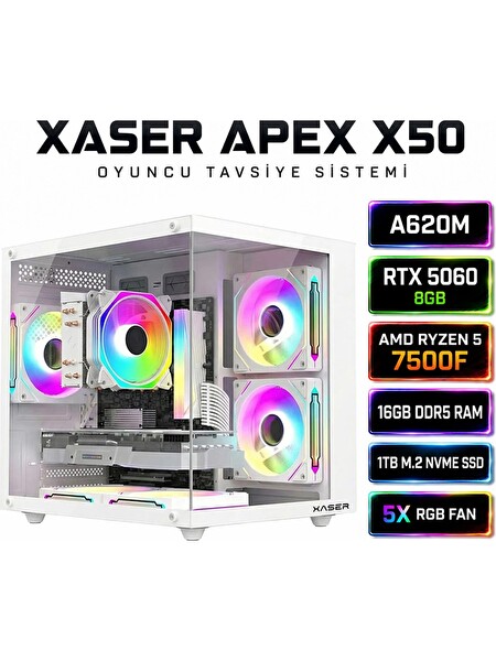 Xaser Apex x50 Ryzen 5 7500F A620 16 GB DDR5 RAM 1 TB M.2 SSD 8 GB RTX5060 FreeDOS Beyaz Gaming OEM Oyuncu Paket