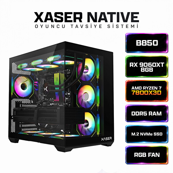 Xaser Native X210 AMD Ryzen 7 7800X3D 16 GB RAM 1 TB M.2 NVMe SSD 8 GB RX9060XT FreeDOS Masaüstü Oyun Bilgisayarı