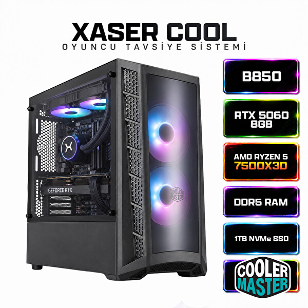 Xaser Cool X50 AMD Ryzen 5 7500X3D 16 GB RAM 1 TB M.2 NVMe SSD 8 GB RTX5060 Sıvı Soğutmalı Masaüstü Oyuncu Bilgisayarı