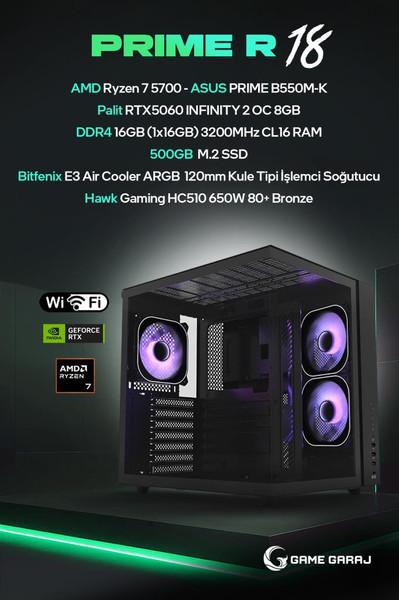 Game Garaj Prime R18 AMD R7 5700 RTX5060 16 GB RAM 500 GB SSD FreeDOS Masaüstü Oyun Bilgisayarı