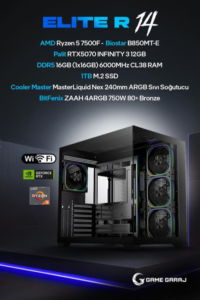 Game Garaj Elite R14 AMD R5 7500F RTX5070 16 GB RAM 1 TB SSD 240mm Sıvı Soğutmalı FreeDOS Masaüstü Oyun Bilgisayarı