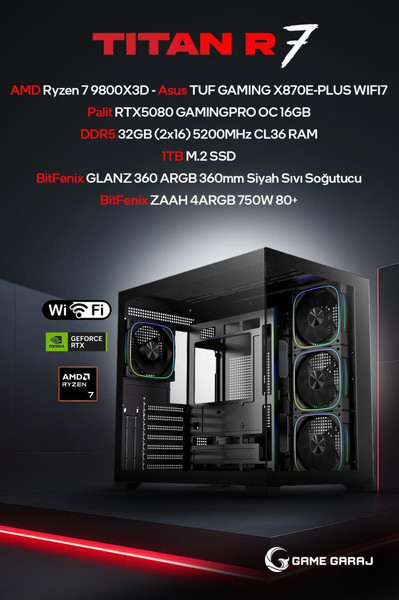 Game Garaj Titan R7 AMD R7 9800X3D RTX5080 32 GB RAM 1 TB SSD 360mm Sıvı Soğutmalı FreeDOS Masaüstü Oyun Bilgisayarı
