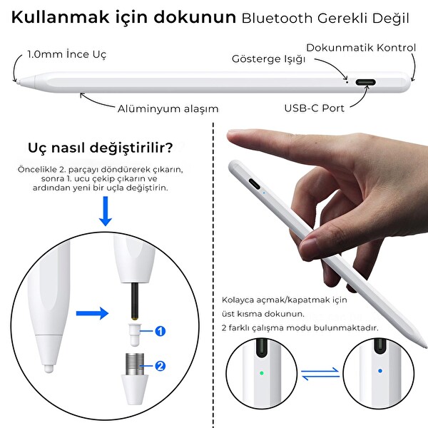 Bix SP02W Bluetooth Stylus Universal Android ve iPad Tablet Uyumlu Dokunmatik Beyaz Yazı ve Çizim Kalemi