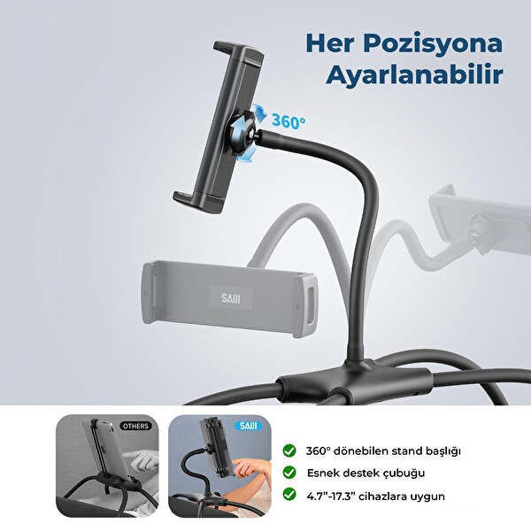 Bix Saiji Q2T Telefon Tablet Standı Yatak Masa Araba Kullanımı için Ayarlanabilir ve Dayanıklı Tasarım Siyah