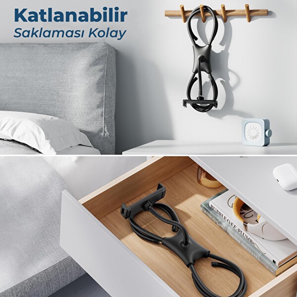 Bix Saiji Q2T Telefon Tablet Standı Yatak Masa Araba Kullanımı için Ayarlanabilir ve Dayanıklı Tasarım Siyah