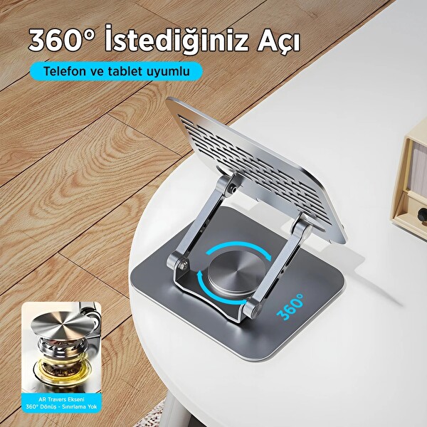 Bix PS01 360 Dönebilen Isı Dağıtımlı Katlanabilir Metal Tablet Standı - Gri