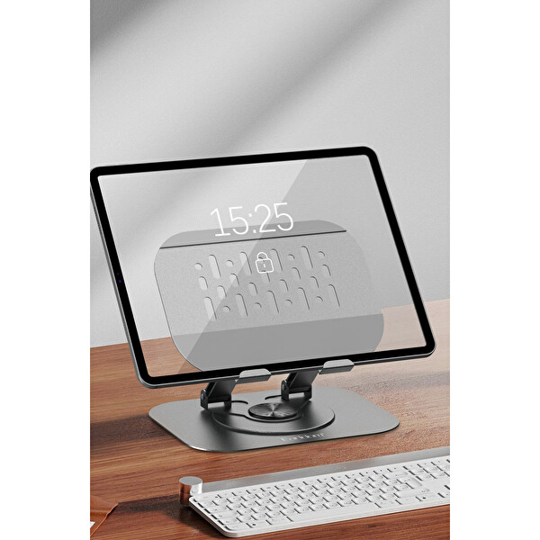 Earldom EH334 360 Derece Ayarlanabilir Metal Tablet Standı - Gri 120x120x100 MM