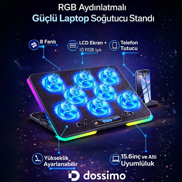 Dossimo S23 Nitro RGB Işıklı 8 Fanlı LCD Göstergeli 2 USB Girişli Yükselebilen Notebook Soğutucu